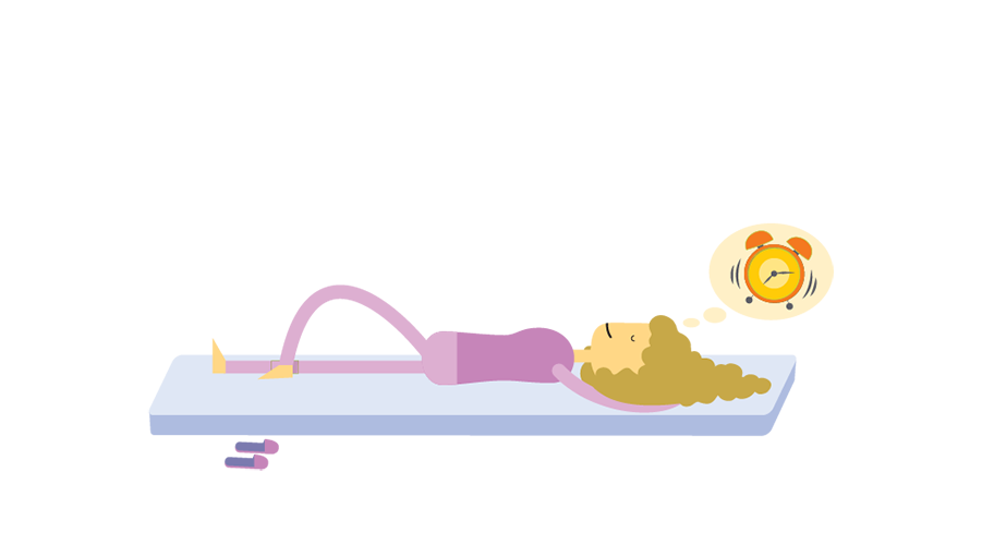 Imagem de uma mulher deitada num colcho e com balo de pensamento com ilustrao de um despertador