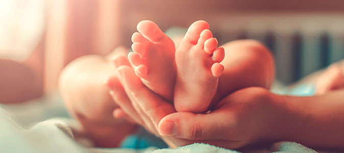 Os pés de um bebê estão seguros pela mão da mãe