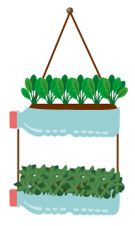 Ilustração de vasos feitos com garrafa pet transparente com plantinhas