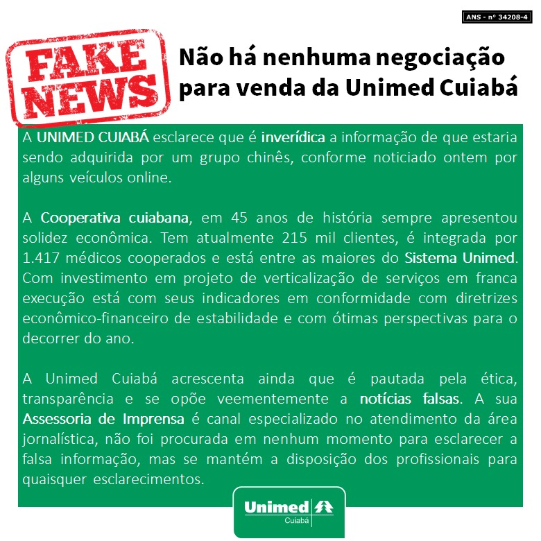 Informativo da Unimed Cuiabá reforça que a informação que circula é falsa
