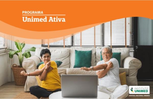 Banner com o título Programa Unimed Ativa e foto de um casal de idosos se alongando na sala de casa.