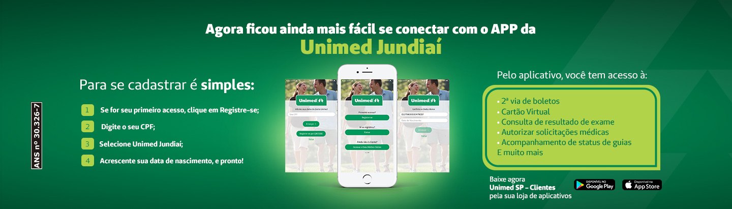 Banner da homepage do aplicativo da Unimed Jundiaí com a frase principal "Agora ficou mais fácil se conectar com o APP da Unimed Jundiaí" abaixo uma ilustração de um celular demonstrando a página inicial do aplicativo