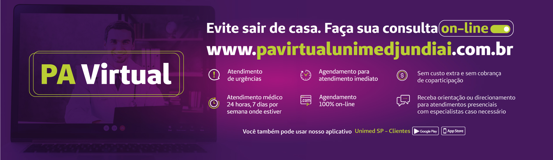 Banner clicável do topo da homepage que diz "Tire suas dúvidas antes de sair de casa, telemedicina unimed jundiaií central coronavírus"