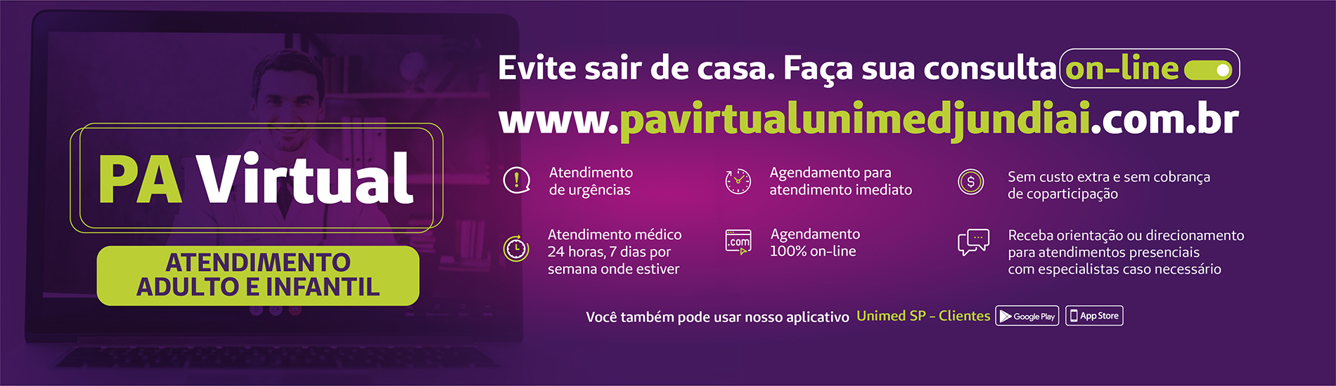 Banner clicável do topo da homepage que diz "Tire suas dúvidas antes de sair de casa, telemedicina unimed jundiaií central coronavírus"
