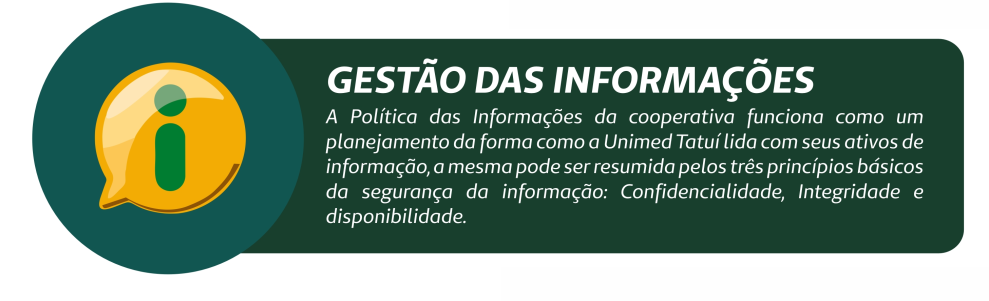 Gestão das Informações. A Política das Informações da cooperativa funciona como um planejamento da forma como a Unimed Tatuí lida com seus ativos de informação, a mesma pode ser resumida pelos três princípios básicos da segurança da informação: Confidencialidade, Integridade e disponibilidade.