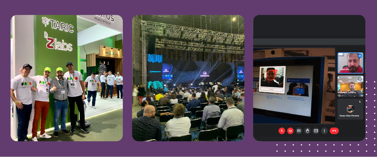 Montagem com três fotos dos eventos nos quais o Unimed Lab participou, sobre um fundo roxo