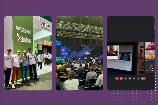 Montagem com três fotos dos eventos nos quais o Unimed Lab participou, sobre um fundo roxo