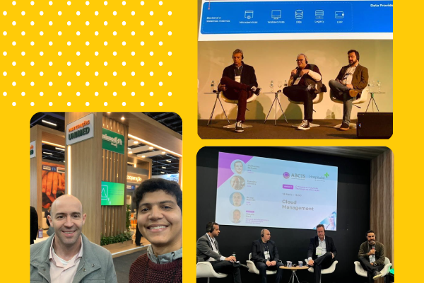 Montagem com três fotos do evento sobre um fundo amarelo