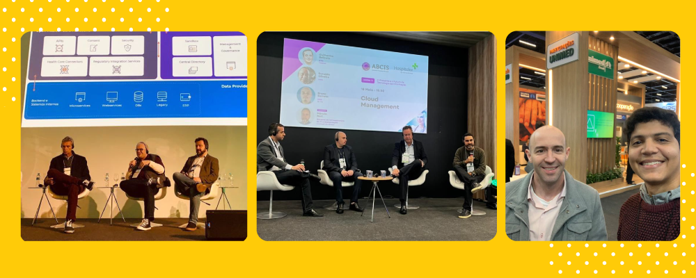 Montagem com três fotos do evento sobre um fundo amarelo